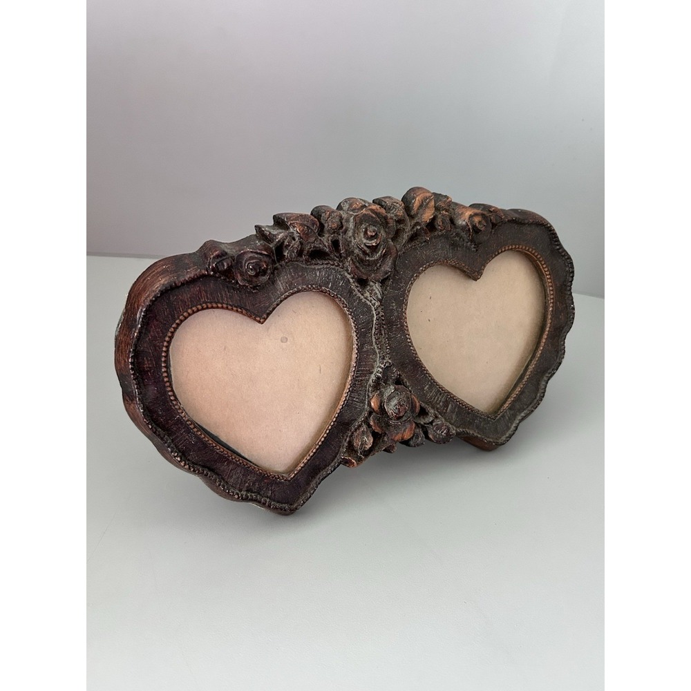 Vintage 7" Long Picture Frame Wood Carved Look - Rose Flower Double Heart Shape - Picture 2 of 8